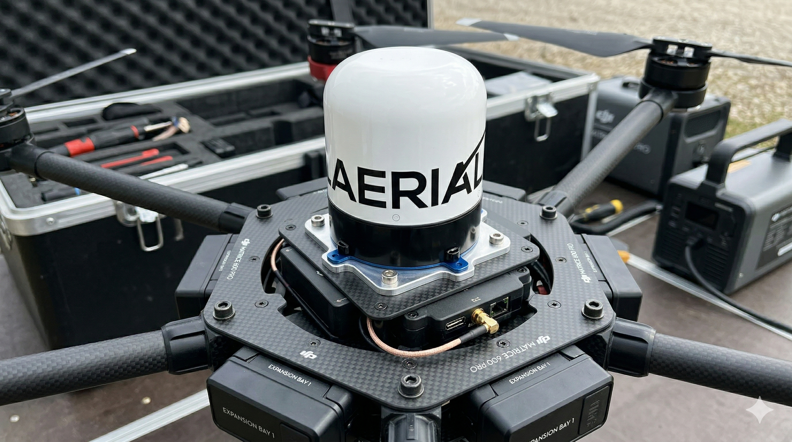 SkyEdge 7 satellite terminal mounted on DJI Matrice 600 Pro during field testing